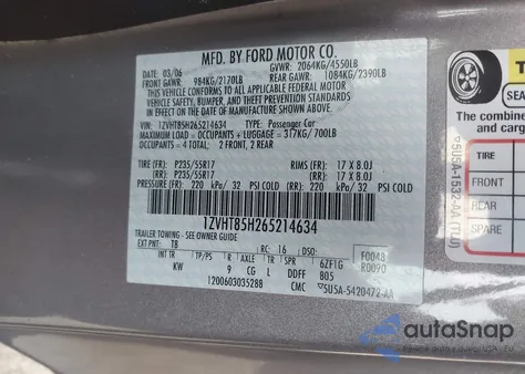 2006 Ford Mustang Gt z USA, uszkodzony, nr VIN 1ZVHT85H265214634